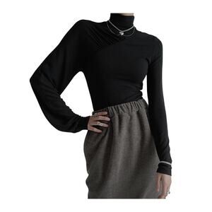 Chentaitai Black Stand Neck Asymmetric Long Sleeve Knit Top size Medium